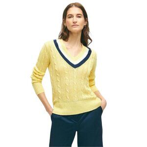 Brooks Brothers Relaxed Linen Tennis Sweater Yellow CableKnit V Neck Size L